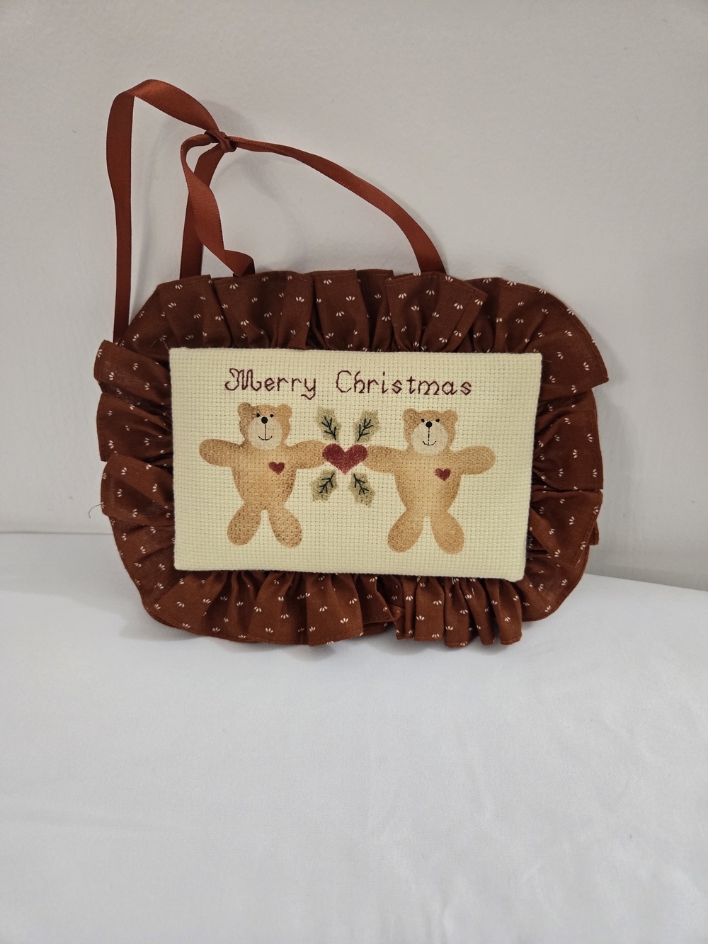 Merry Christmas Teddy Bear Fabric Wall Hanging Primitive Country Ruffle Decor